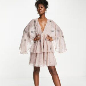 ASOS DESIGN tiered textured mini dress with linear bloom embellishment in dusty